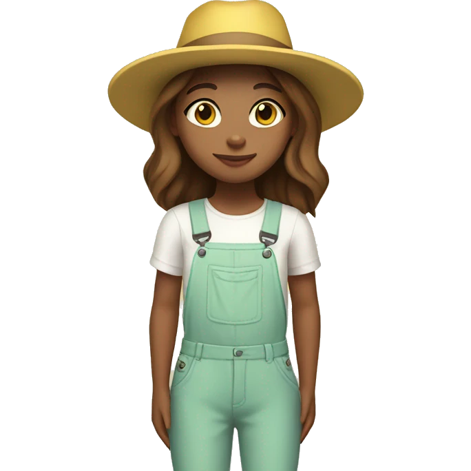 white skin, Girl with a flower in her hand, with a hat, shoulder-length brown straight hair, wearing a yellow pastel jumpsuit with white shirt in it emoji