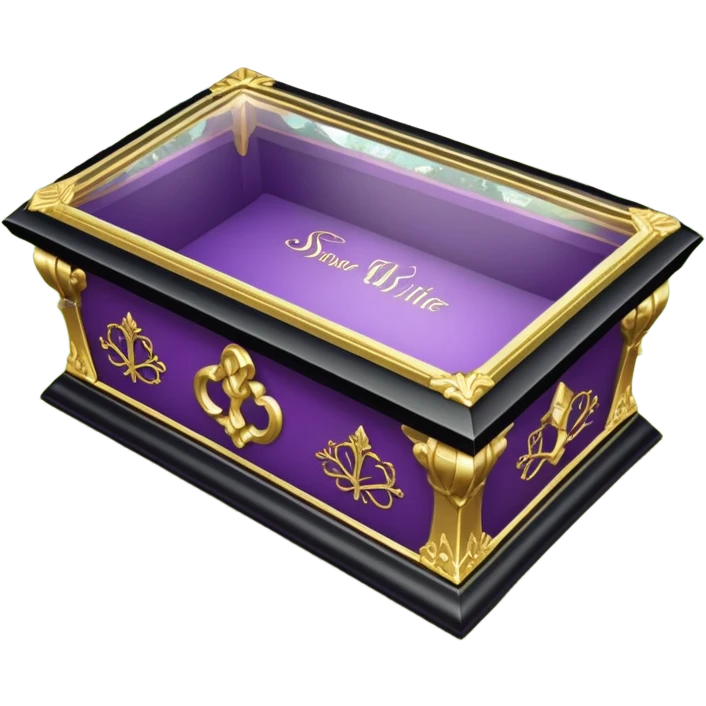 Snow White's coffin in the image is a highly symbolic piece, embodying both solemnity and fairytale charm. It is designed with a transparent glass lid, allowing a clear view of Snow White lying inside in her pure and untouched beauty. The frame around the lid and the base of the coffin is made of gold-colored metal, intricately carved in a Gothic style. Along the side of the coffin, the name “SNOW WHITE” is prominently displayed in ornate, medieval-style lettering, serving as an eternal tribute to the legendary character. The coffin is placed in a quiet forest clearing, resting on a bed of green grass and surrounded by clusters of colorful flowers—purple, pink, and white—which add a sacred and emotional atmosphere. The dwarfs stand nearby in silence, keeping watch and heightening the sense of reverence and sorrow. The entire design of the coffin harmoniously blends medieval artistry with mythical elements, honoring Snow White’s beauty while creating a legendary, fairytale-like setting. emoji