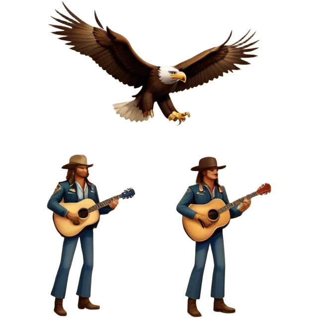 Icon for Country Music: Eagles band representation with classic acoustic guitars, a desert road, and an eagle soaring in the sky. Subtle vintage Americana aesthetics with warm tones, evoking the band's signature sound. Transparent background. emoji