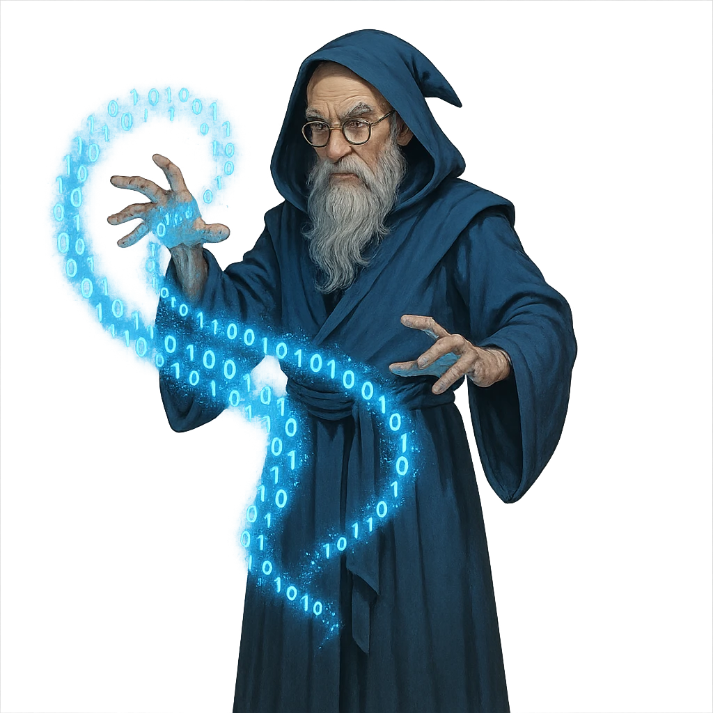master in AI, alchemist wizard, manipulating blue energy in the form of binary code, long robe, round glasses, transparent background emoji