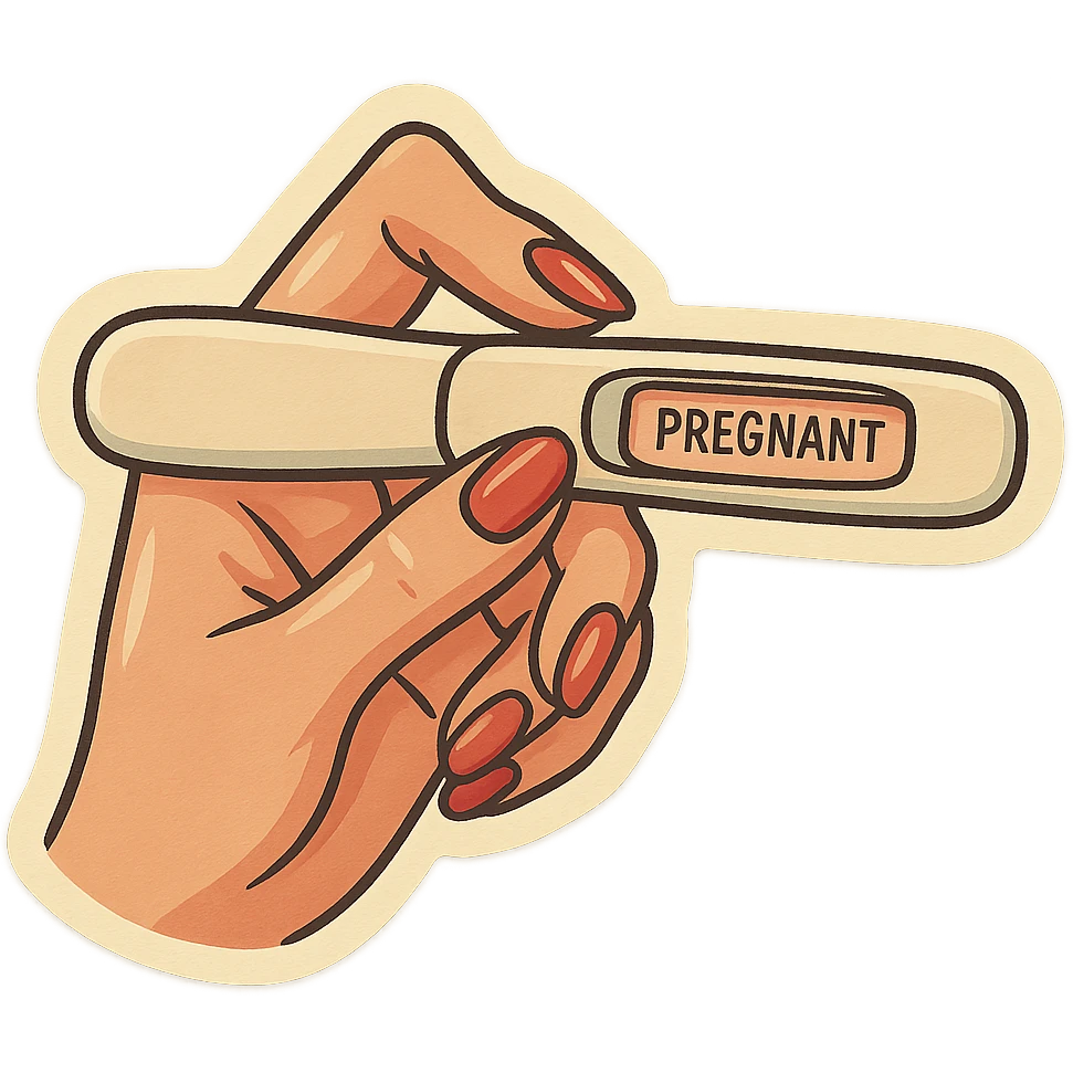 A pregnancy test held in a neat feminine hand with manicure, in retro stickers style, featuring soft rounded shapes, expressive contours, vintage color palette, light paper texture, shadows and highlights, transparent background. emoji