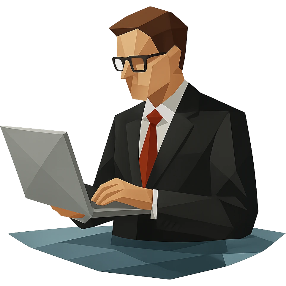 Businessman in black suit and glasses stands waist-deep with computer emoji