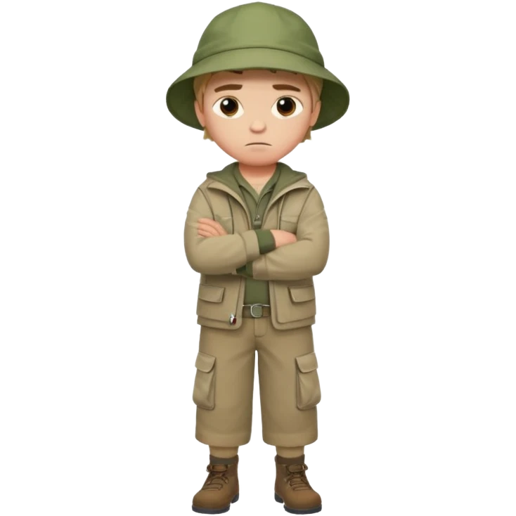 A boy with crossed arms, looking annoyed, dressed in fishing clothes full body emoji