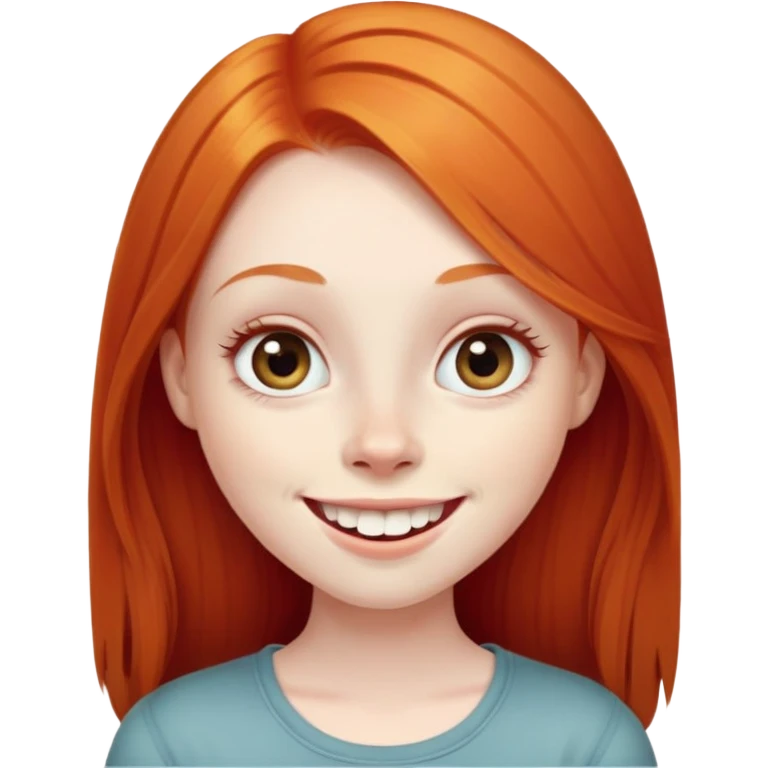 traditional emoji of young girl with very pale skin, long straight bright ginger red hair, very big wide human eyes, wide nose, big smile with extremely large prominent teeth showing, classic round face emoji