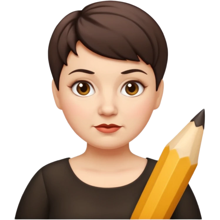 classic teacher emoji but fatter and with a black pixie cut, make her white and the pixy cut is pointy and dark brown and she is very fat emoji