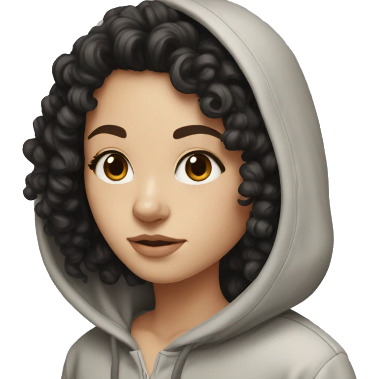 white girl with black curly hair and brown eyes in hoodie emoji