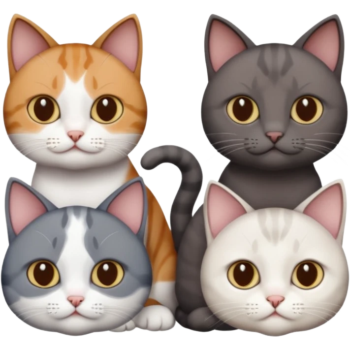 4 different coloured short haired cats including; a dark brown and white cat, and a dark grey and white  emoji