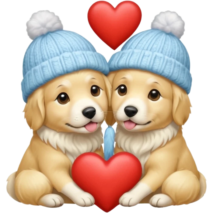 2 English cream golden retrievers cuddling with winter hats and heart in between them. Make them pale dogs . Less cartoon and no hands holding heart just a heart in between . Make them more pale and realistic looking like glossy  emoji