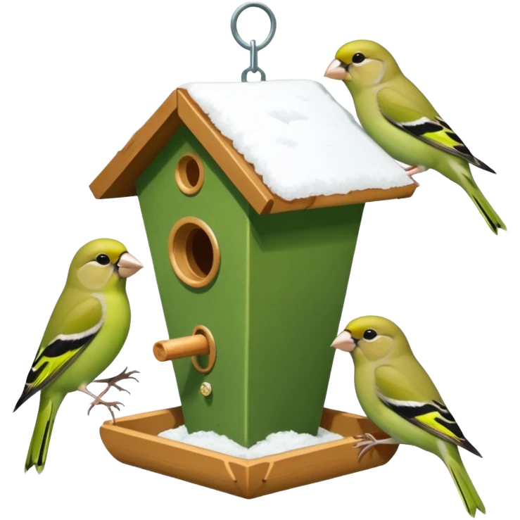 3 Green finch feeding on a bird feeder in the snow emoji