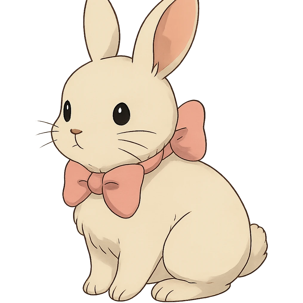 ghibli style cutesy white bunny rabbit with a pink bow emoji
