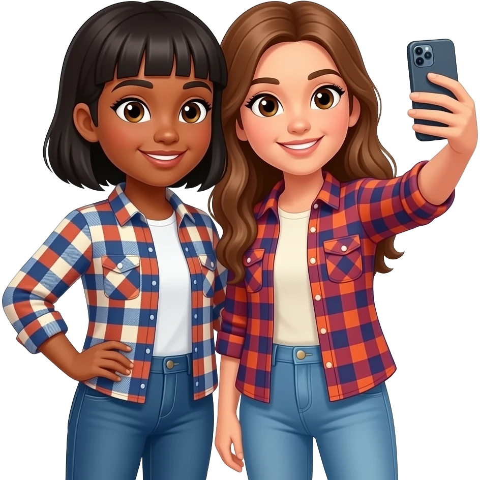 A black girl with bangs and a Hispanic girl with long light brown hair taking a selfie together. Both wearing flannel emoji