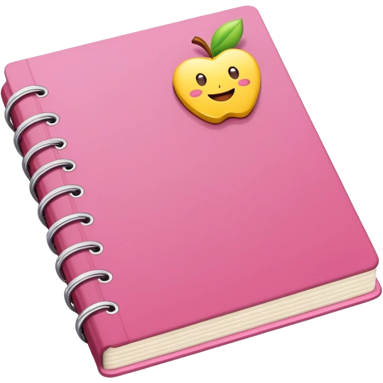 libreta de anillos rosada en perspectiva isometrica con sticker de carita feliz amarilla, sin rubor rosa, con aspecto de emoji de apple emoji