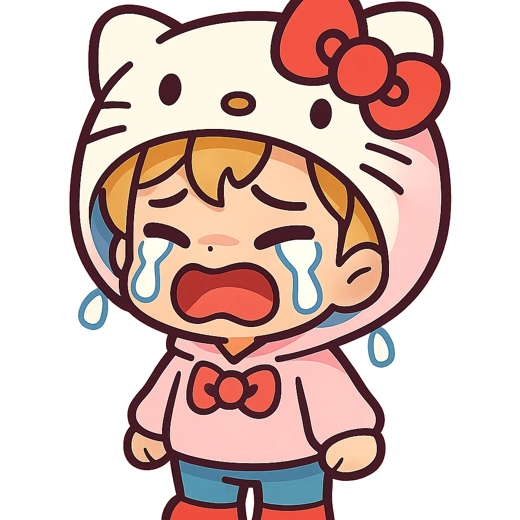 a chibi boy in a Hello Kitty hoodie, crying, adorable, pastel colors, vibrant toon style emoji