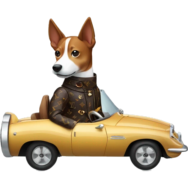 a basenji in a louis vuitton jacket riding in a sports car. emoji