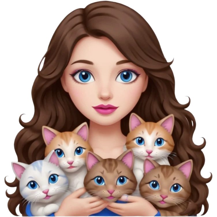 girl with long wavy brown hair, blue eyes, long lashes makeup, sexy pink lips, cuddling with 6 cats emoji