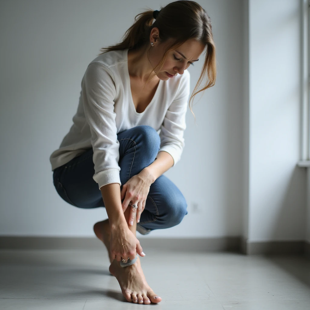 woman standing touching knee and foot, expression of pain, visible orthotic insole, realistic style, medical environment emoji