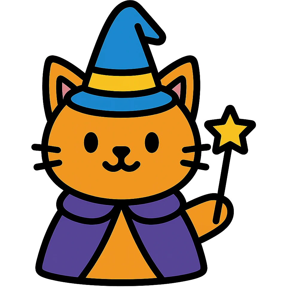 cat magician with a wizard hat and wand, colorful icon emoji