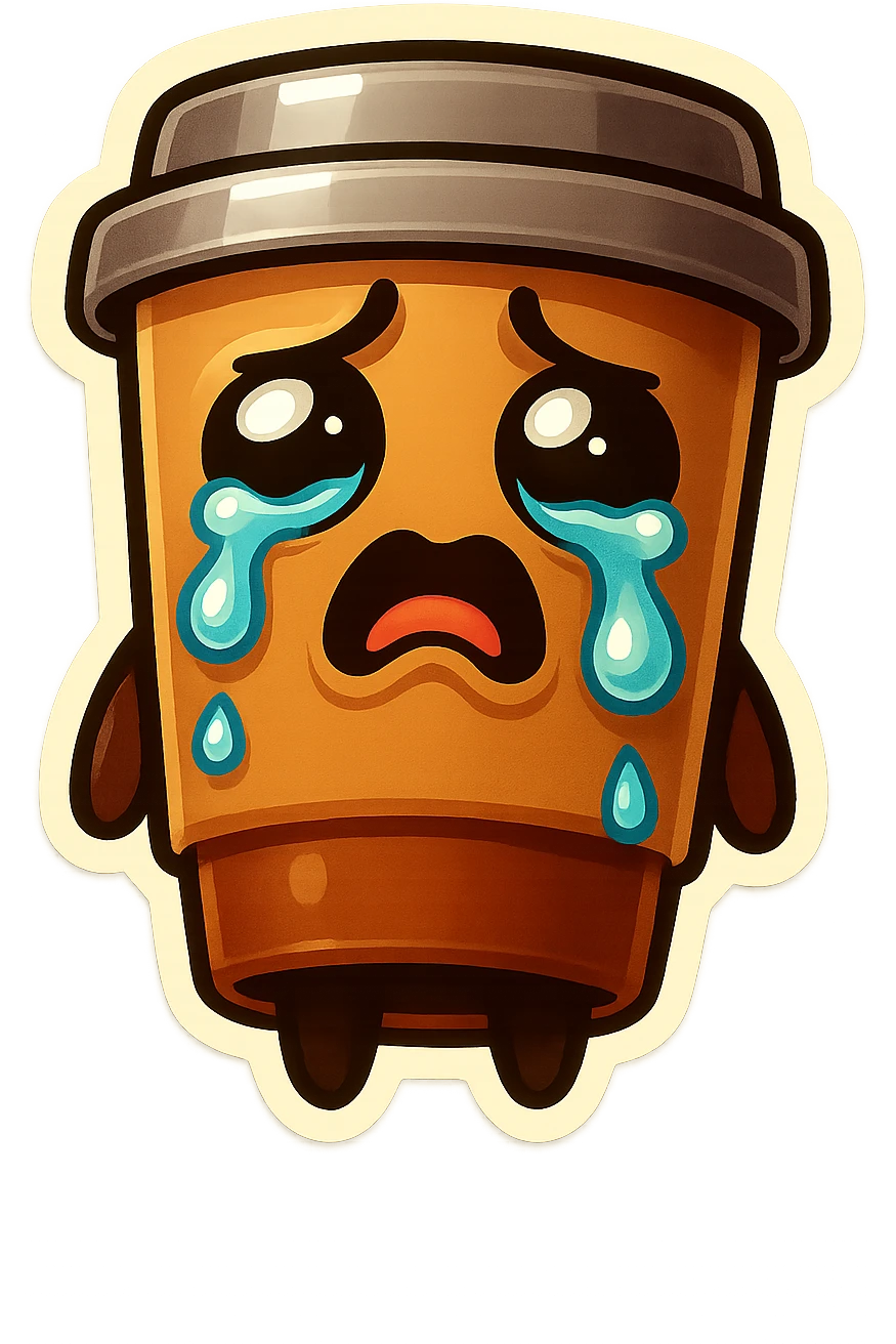 Tall coffee cup, big tears, sobbing, dramatic emoji
