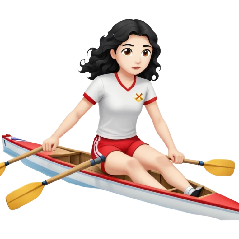 girl with long black wavy hair, white skin, wearing red shorts and white short-sleeve t-shirt, sitting in a professional Olympic rowing boat rowing, facing fully right emoji