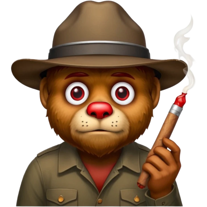 Smokey the bear with blooshot eyes holding a joint emoji