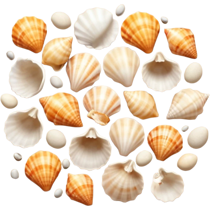 shells on sandy beach, top-down view, apple emoji style, alternate version emoji