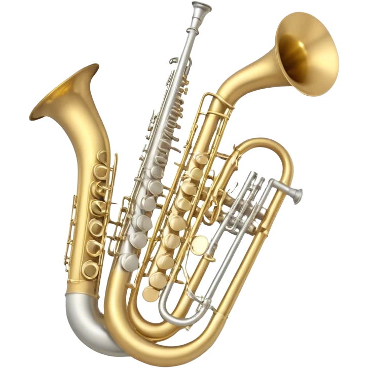 Create a professional, harmonious emoji collage symbolizing wind instruments.  The instruments should be in metallic gold, silver, and brass tones, with subtle reflections to convey a professional and polished appearance. Add soft musical notes or soundwaves to surround the instruments, creating a sense of movement and sound. The background should be transparent, ensuring all instruments are the focus and the composition remains harmonious and balanced. emoji