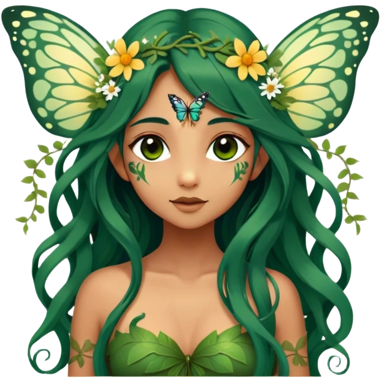 Cinematic Realistic Forest Nymph Fairy portrait, with butterfly wings and depicted with lifelike, sun-kissed tanned skin that radiates an earthy glow, softly illuminated by natural, dappled light. Her long, flowing dark green hair is intricately detailed and interwoven with delicate vines and wildflowers, while her deep, soulful eyes mirror the wisdom of the forest. Dressed in an attire inspired by nature’s palette—with subtle botanical motifs—the portrait exudes a soft, enchanted glow that melds realism with woodland magic. emoji