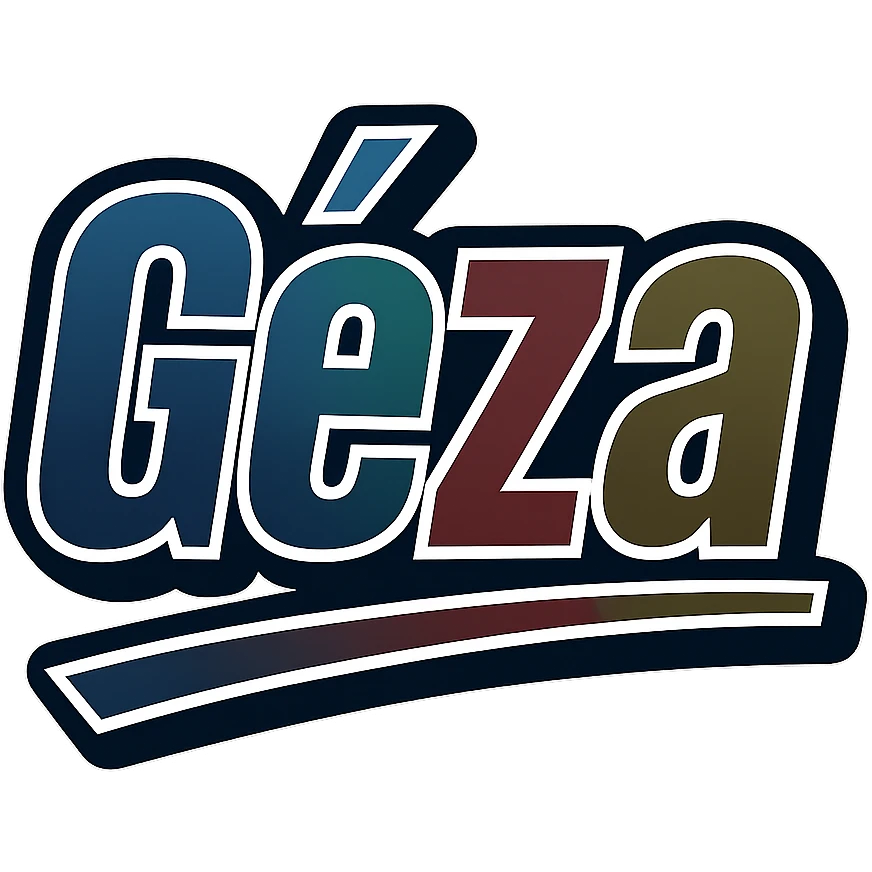 Géza name in masculine, modern gradient font with dark contour, prominent and clearly visible white border like the sample image, dynamic slanted underline, masculine color shades including blue, gray, burgundy, green, brown, 1000x1000 px, PNG, transparent background, in the style of the uploaded sample. emoji