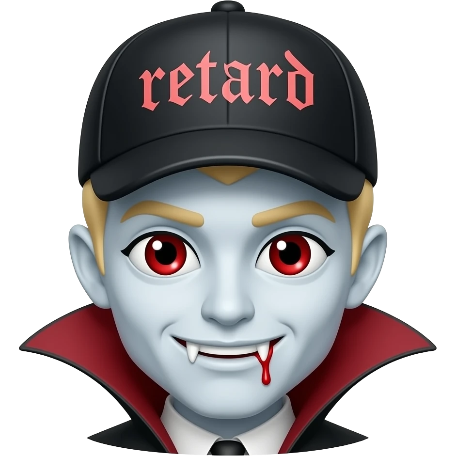 Make an vampire with cap on his head and text on cap “retard” vampire has blond hair and white skin blood eya and wolf cut make it like iphone emojji emoji