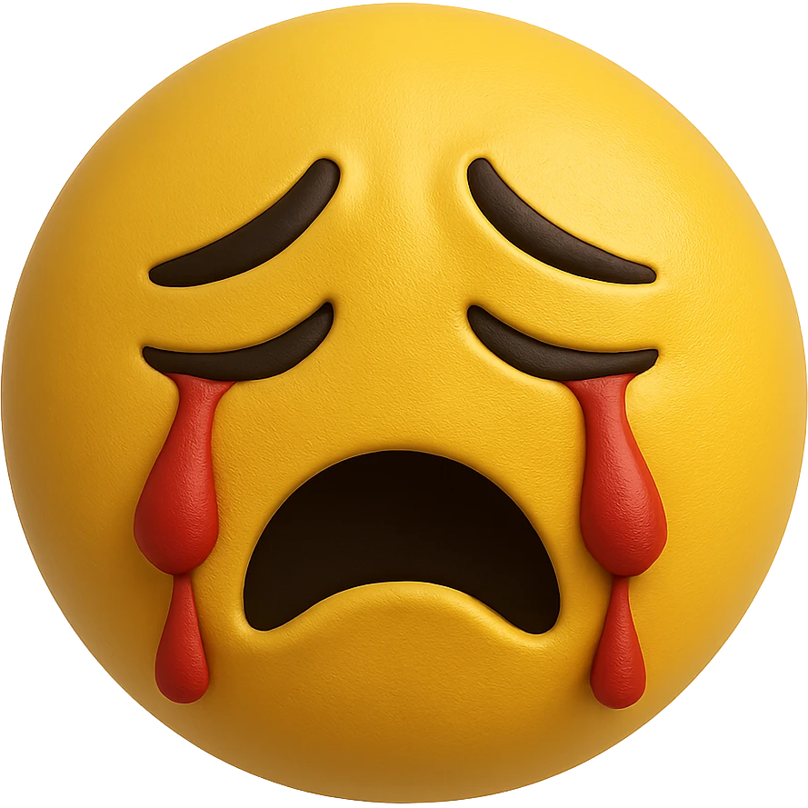 yellow crying face emoji, matte finish, red tears, no background emoji