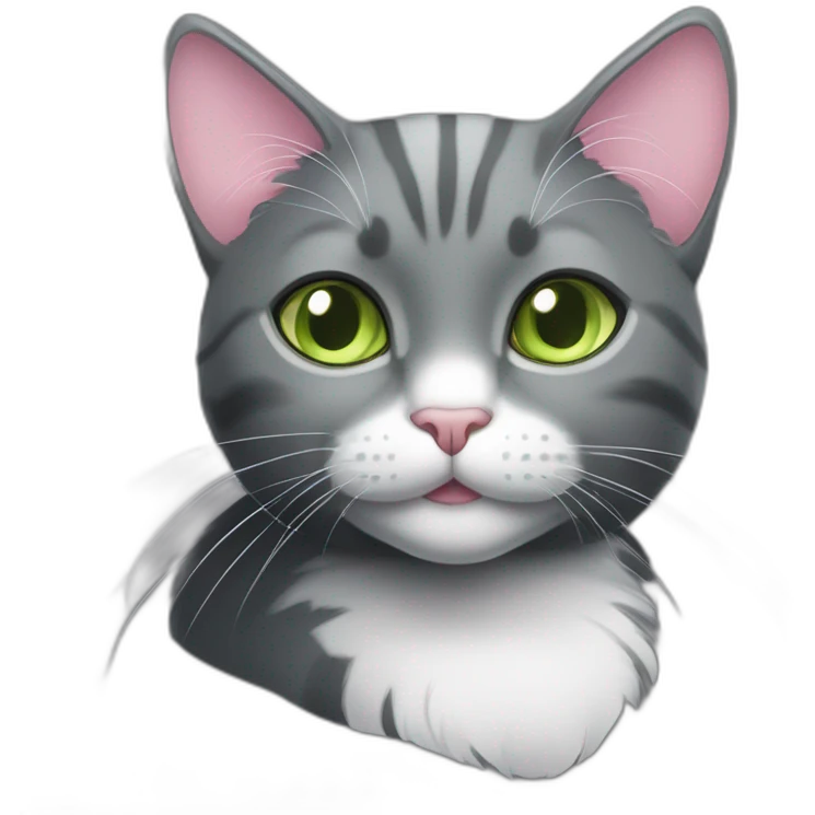 dark grey cat, small ears, pink nose, light green eyes, white long whiskers, white spots near the nose, white breast, the cat's fur is soft. emoji