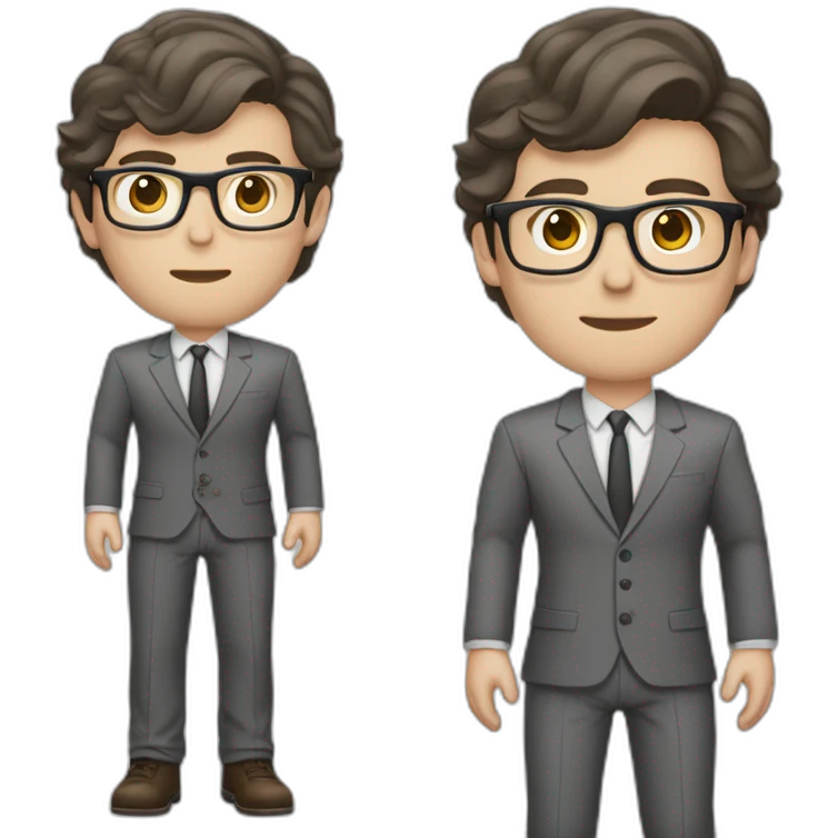 Full height Pale skinned Fit Man With dark brown hair in classic gray suit, beige office shirt, dark gray tie, and vintage glasses. His hands lock emoji