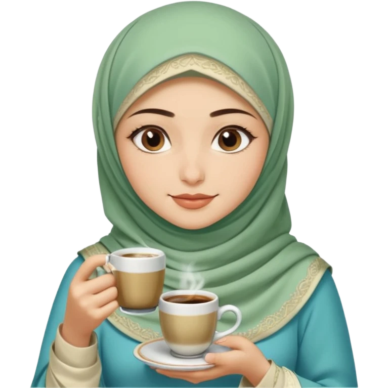 Turkish beautiful finish Konya girl blue with beige and butterfly light green hijab islamic dress and had on her hand Turkish coffee emoji