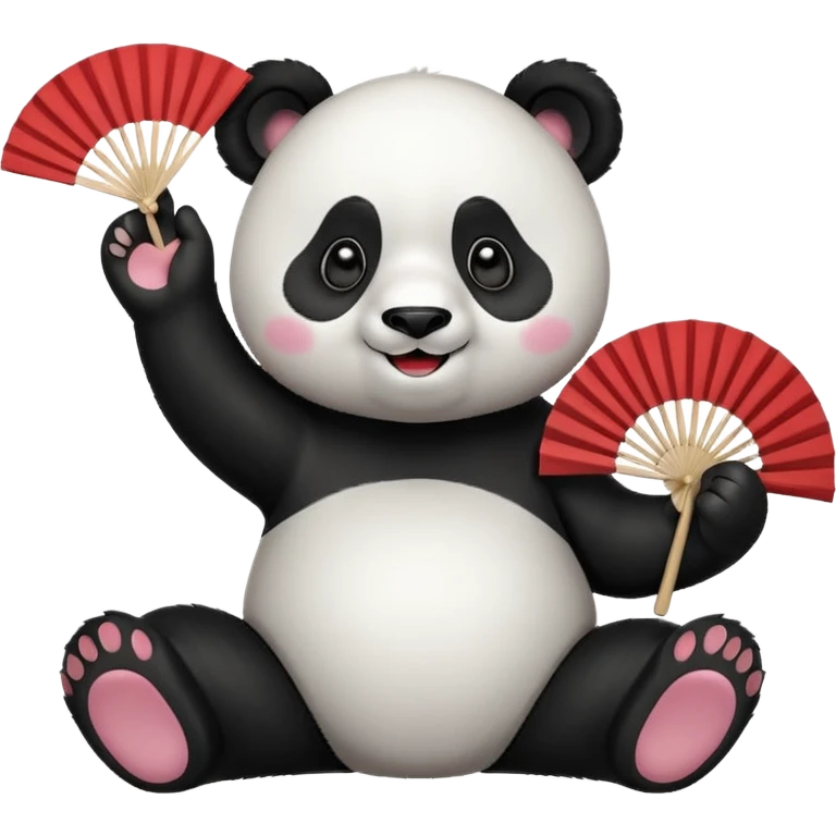 A panda waving a painted fan joyfully, cheeks puffed in excitement sitting
 emoji