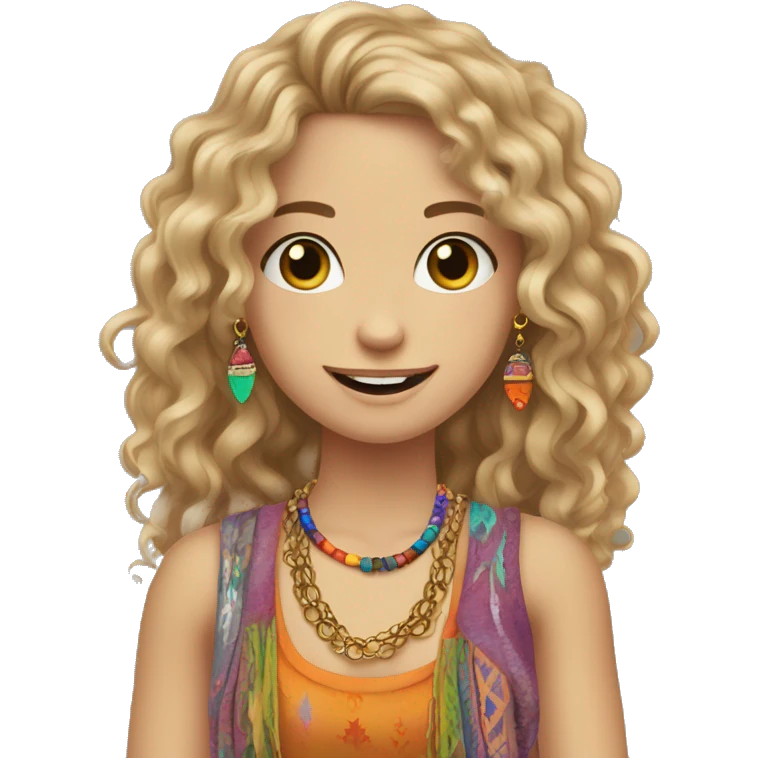 Caucasian hippie girl with curly dirty blonde hair, hazel eyes, baggy colorful pants and a tank top, lots of bohemian bracelets and jewelry emoji