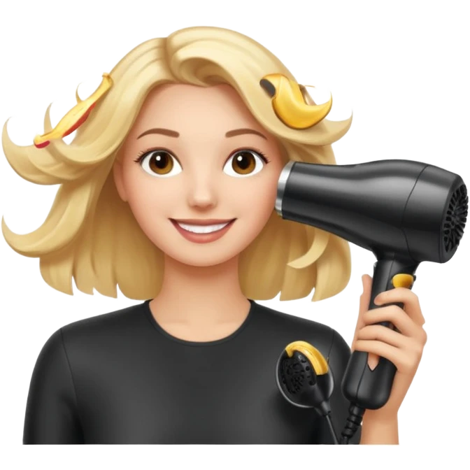 mujer sonriente en la peluquería secándose el cabello con secador, detalles de salón de belleza, estilo emoji apple emoji