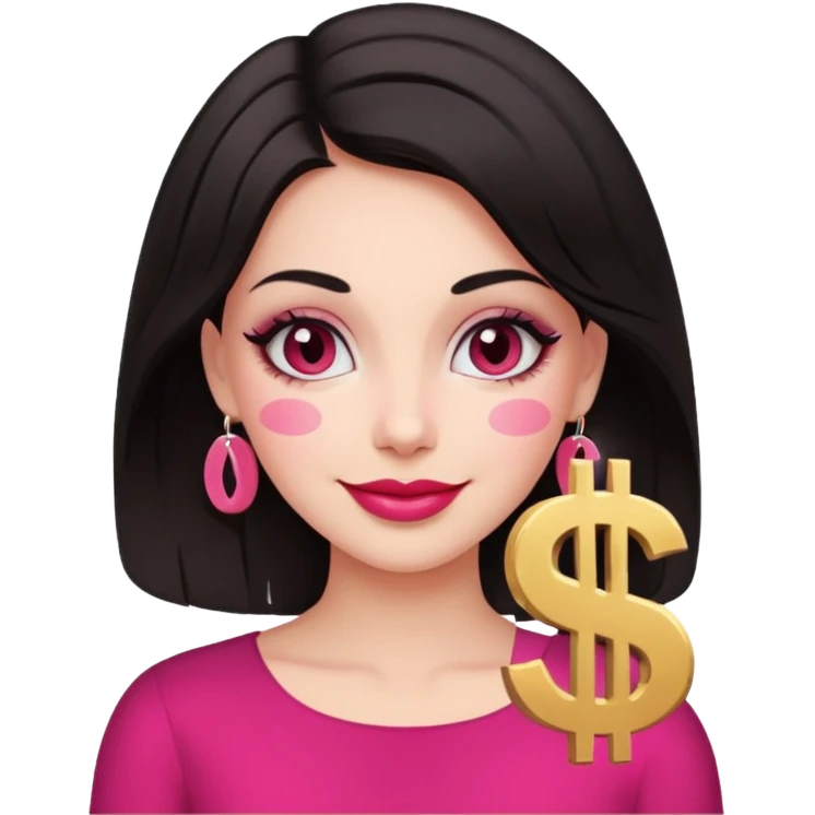 fair-skinned woman with dark hair, dollar sign ($) eyes, smiling, pink brush emoji