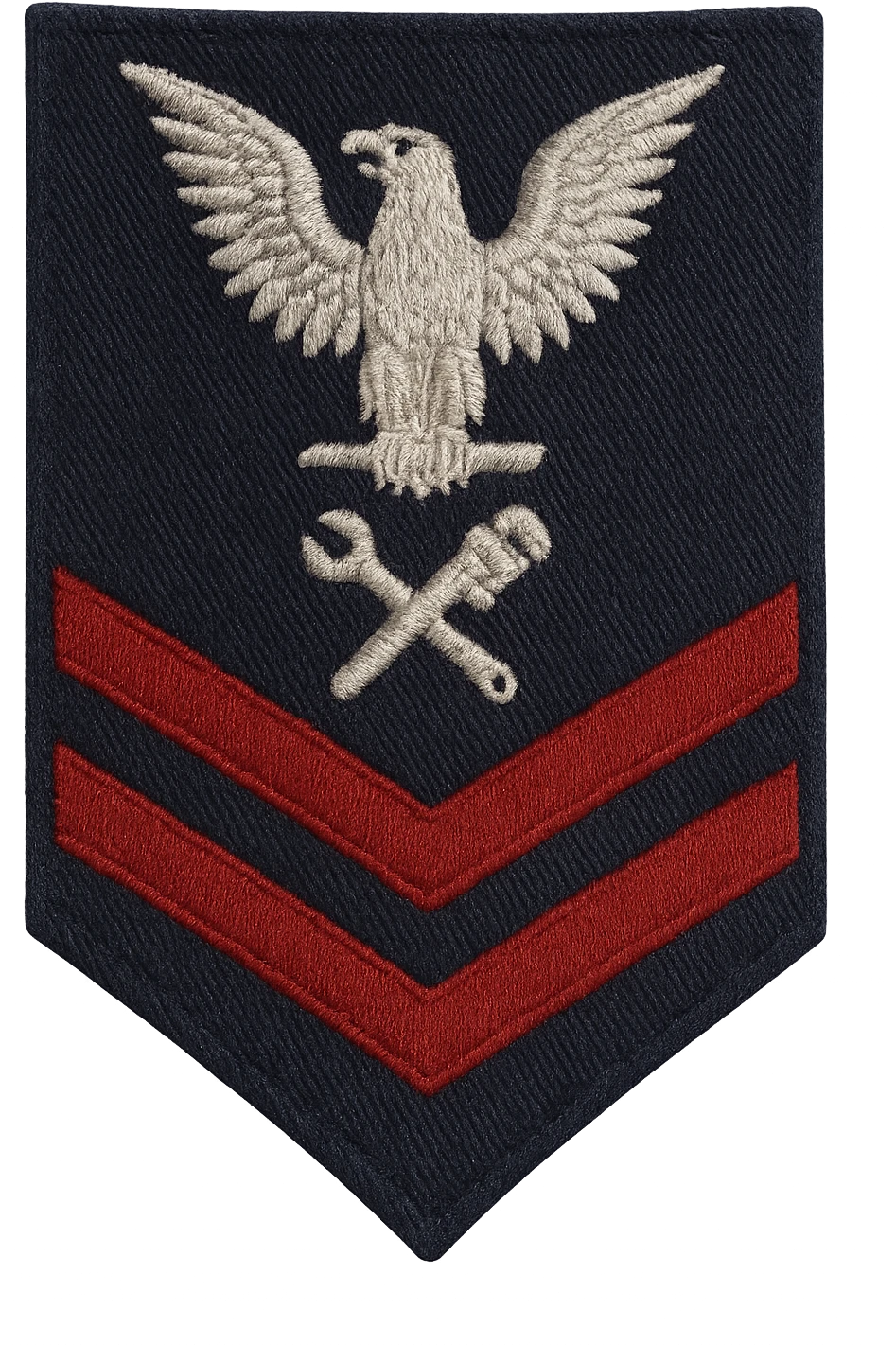 U.S. Navy Petty Officer Second Class (E-5) sleeve insignia, realistic style, silver eagle perched above two red chevrons with a specialty mark in between, no background, transparent emoji