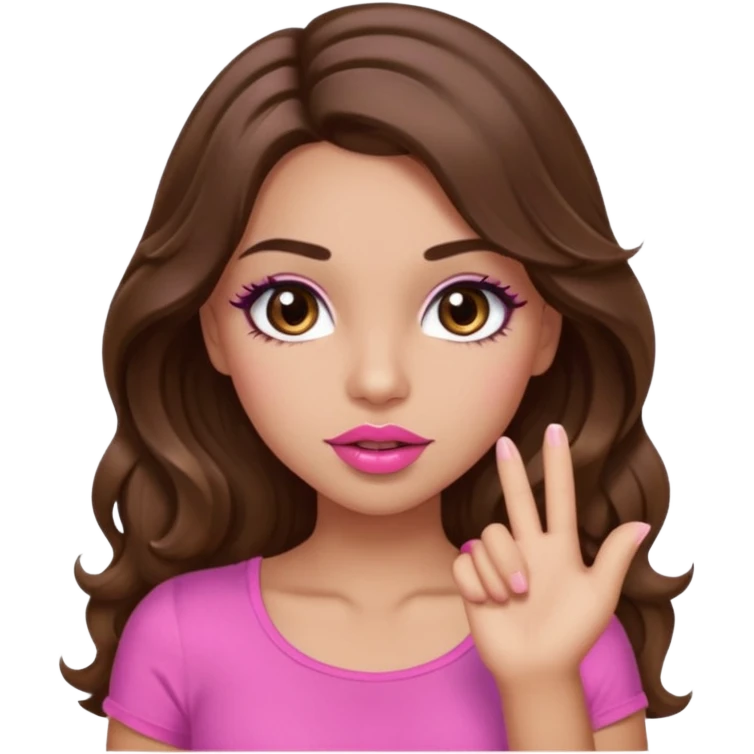 girl with long wavy brown hair, brown eyes, light to medium complexion, in a pink sexy top, pink puckered lips, long lashes, whatever with the hand out emoji