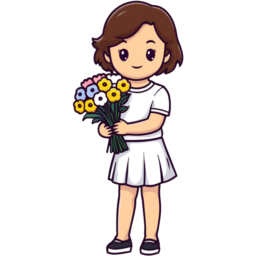 girl with brown hair wearing a white skirt holding a bouquet of flowers emoji