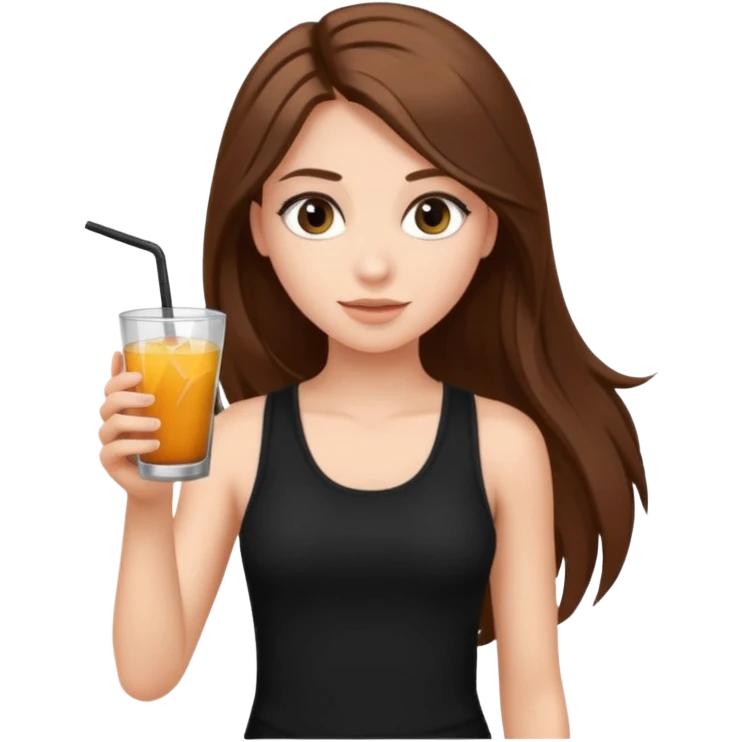 girl with long brown hair, false lashes, dressed with a black tank top and a drink in her right hand emoji