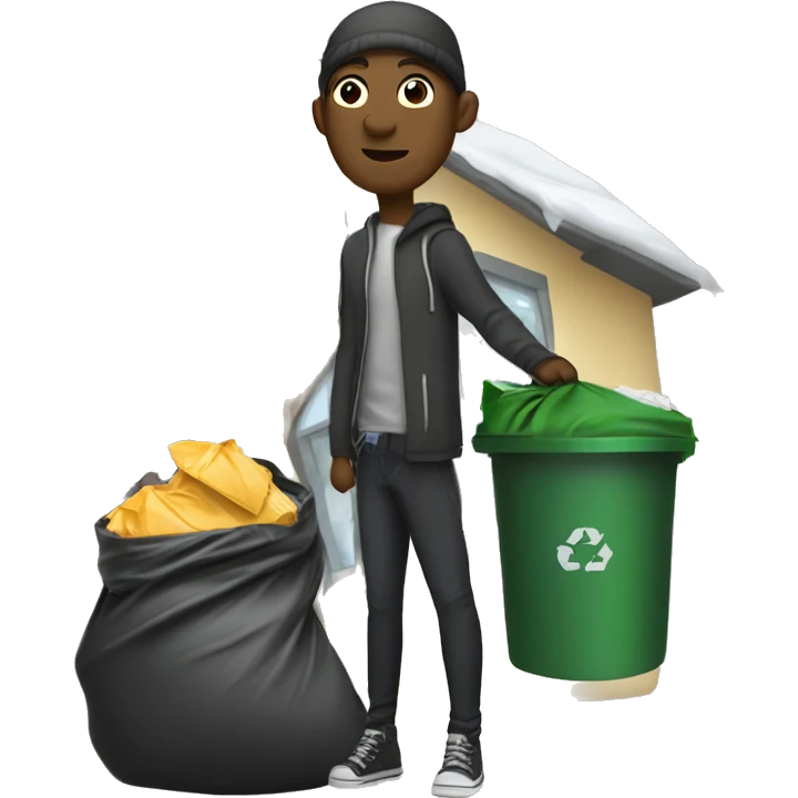 Theif with trash bag slung over shoulder to the left of house emoji