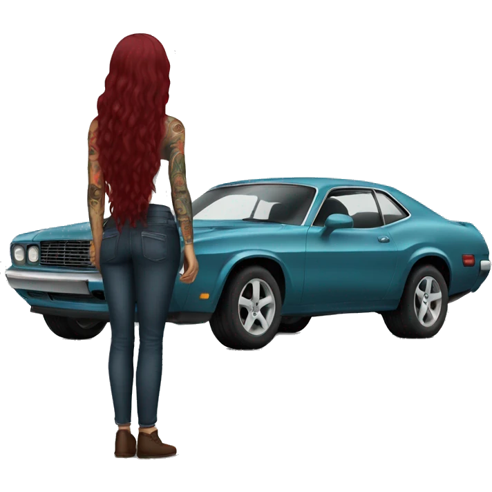 Beautiful tattooed burgundy long haired woman standing next to a car emoji