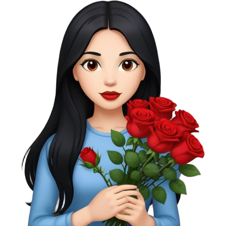 A beautiful girl with long black hair holding a bouquet of roses emoji