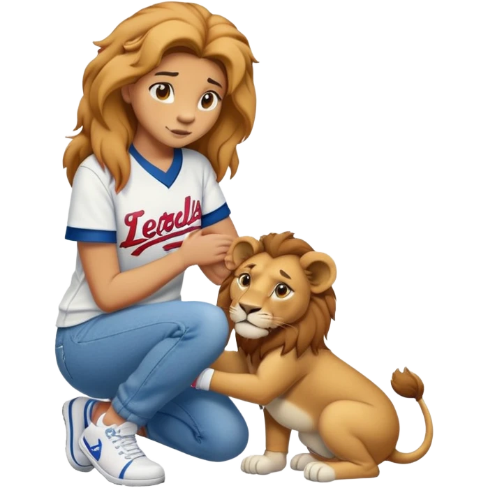 friendly anthropomorphised female lion wearing a baseball shirt, jeans, and trainers, comforting another character emoji
