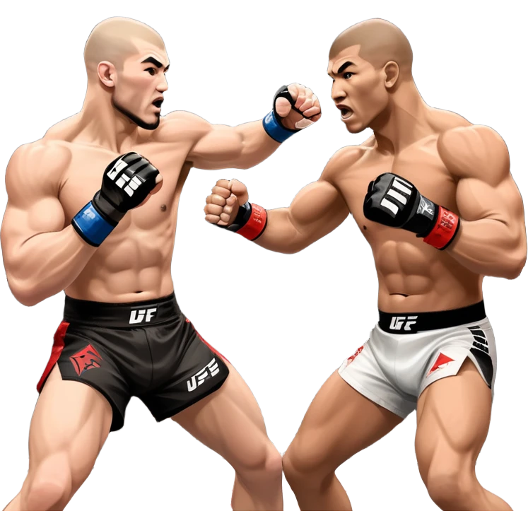 Two MMA fighters in the octagon, one delivering a strong punch while the other defends with a guard. The background shows the UFC octagon with the crowd in the distance. Transparent background emphasizes the dynamic intensity and skill of mixed martial arts. emoji