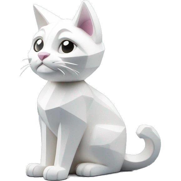A white cat sculpture with a geometric, faceted design. The cat is standing upright with angular and disney features. The vibrant white color highlights the sharp edges and planes. emoji