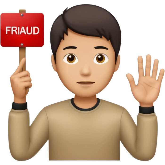 Asian guy holding sign saying fraud emoji