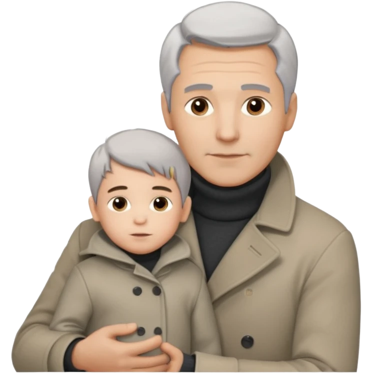 A father with silver-grey hair styled neatly and a clean-shaven face, wearing a dark turtleneck and wool coat, holding his child gently. The child has light brown hair and a soft white jacket. Warm cinematic lighting, emotional close-up. emoji