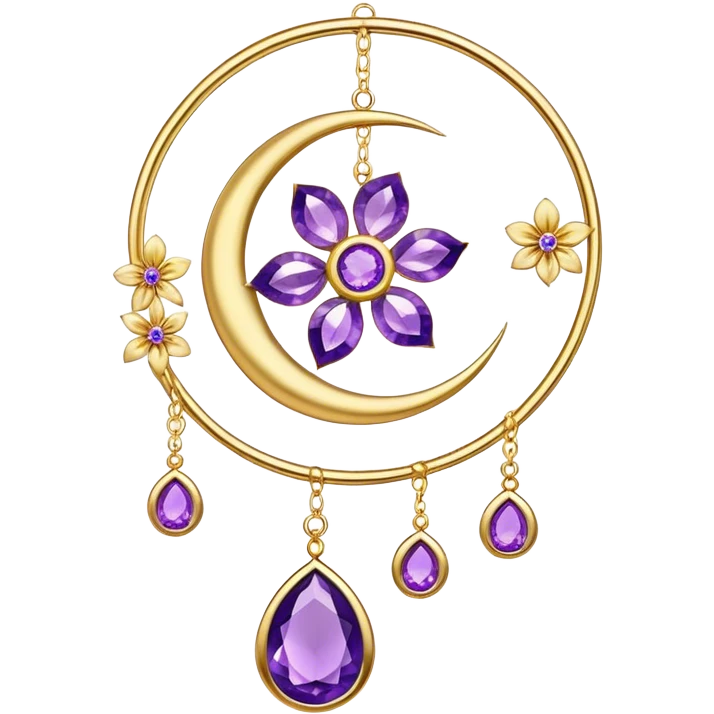 Epic beautiful gorgeous cute gold suncatcher, threads with shiny sparkly amethyst gemstones, flowers, crescents-moons emoji